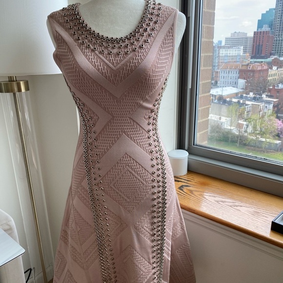 Herve Leger XS Nude Rose Pink Flare DressRare
